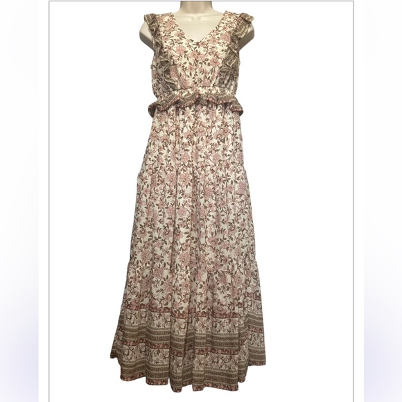 By The River Krysta Beige Floral Print Tiered Ruffle Maxi Dress Small - Picture 4 of 6